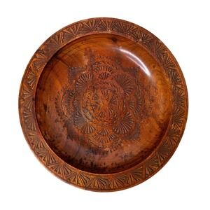 Hand Carved Wood Mandala Bowl Geometric Chip Carved Decor Round Tray 11.5in Boho